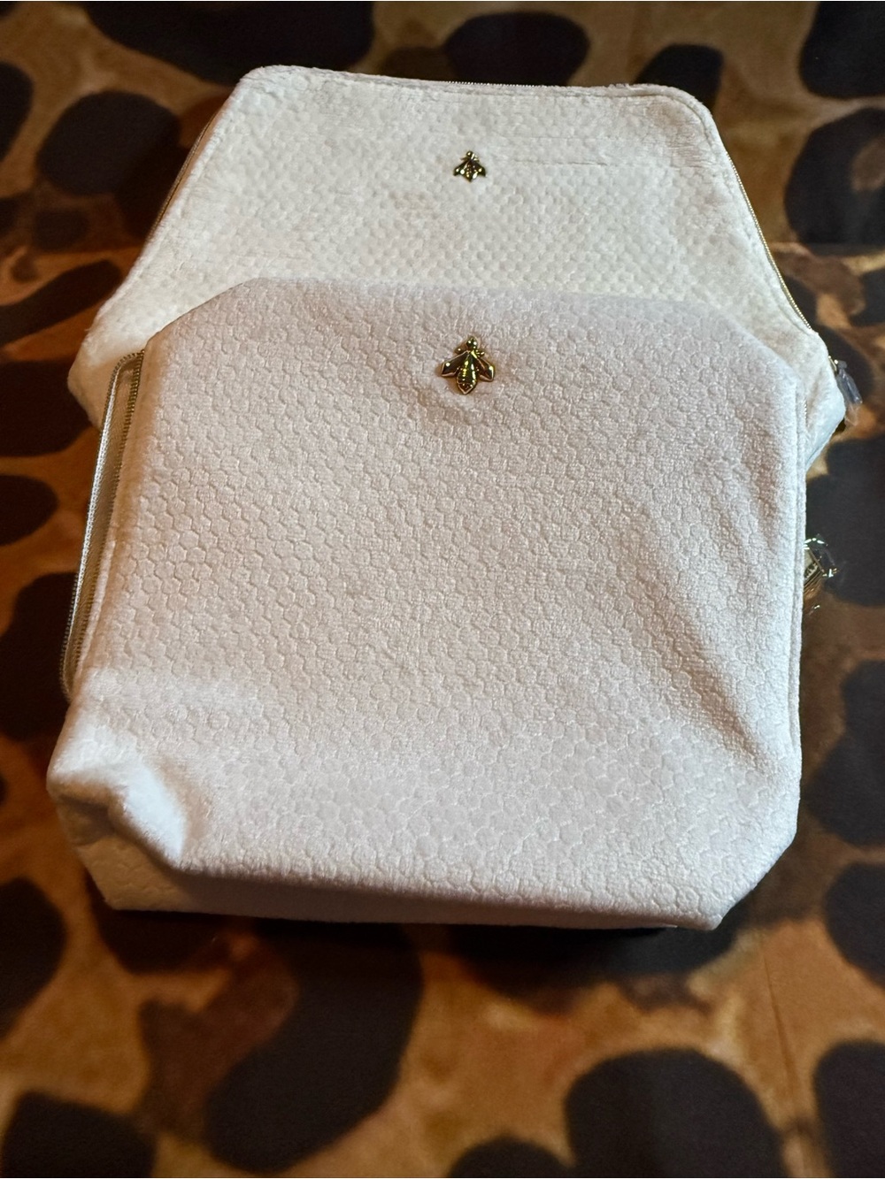 White Textured Bee Accent Cosmetic Bags - set of 2